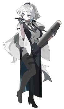 1girl aqua_eyes aqua_hair arm_strap belt black_belt black_boots black_necktie black_skirt black_vest blue_lips boots breasts call_of_cthulhu collared_shirt colored_inner_hair earrings full_body furisode_sleeves gloves grey_gloves hair_intakes highres holding holding_pen holding_scroll jewelry large_breasts long_hair long_skirt looking_to_the_side mole mole_under_mouth multicolored_eyes multicolored_hair necktie nib_pen_(object) original pen purple_eyes scroll scroll_tube shirt simple_background skirt solo standing standing_on_one_leg swept_bangs thigh_boots three-quarter_sleeves two-tone_vest uwipi very_long_hair vest watch white_background white_shirt white_vest wristwatch