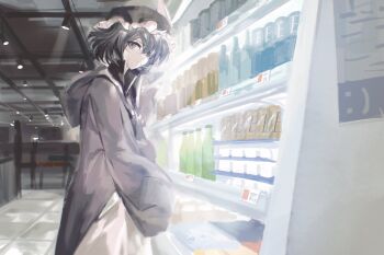 1other androgynous black_hat black_shirt ceiling_light chinese_commentary closed_mouth collared_shirt commentary commentary_request cowboy_shot english_commentary expressionless food frilled_headwear hair_between_eyes hat high_collar highres hood hood_down hooded_jacket indoors jacket len&#039;en long_sleeves looking_at_viewer mixed-language_commentary mob_cap open_clothes open_jacket other_focus purple_eyes purple_hair purple_jacket shirt shitodo_kuroji shoes shoplifting short_hair sleeves_past_wrists solo standing supermarket tile_floor tiles white_shoes wide_sleeves yancao_(pixiv_103434280)