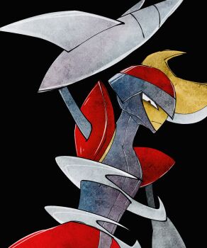 1other arm_blade arm_out_of_frame arm_up bisharp black_background cowboy_shot expressionless facing_to_the_side gen_5_pokemon grey_helmet grey_trim helmet high_contrast highres looking_down mohawk nintendo out_of_frame pokemon pokemon_(creature) pokemon_focus red_helmet red_trim shoulder_pads solo two-tone_helmet umi-be-to weapon