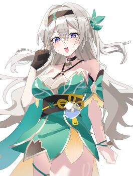 1girl absurdres aqua_dress bell black_gloves blue_pupils blush bracelet breasts brown_hairband commentary_request dress firefly_(honkai:_star_rail) gloves gradient_eyes hair_ornament hair_ribbon hairband highres honkai:_star_rail honkai_(series) jewelry large_breasts multicolored_eyes neck_bell open_mouth qing231 ribbon solo sparkle_(honkai:_star_rail) sweatdrop teeth upper_teeth_only