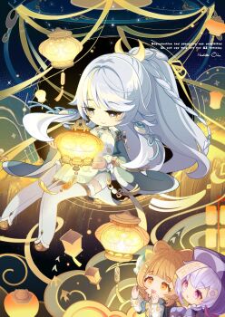 Rule 34 | 3girls, boots, bow, braid, bright pupils, brown hair, chibi, china dress, chinese clothes, commentary request, crescent, crescent hair ornament, dress, earrings, flower, fur-trimmed sleeves, fur trim, genshin impact, gold trim, grey hair, hair bow, hair flower, hair ornament, hat, highres, hoshiusagi no chloe, jewelry, jiangshi, lantern, long hair, multiple girls, official alternate costume, ofuda, ofuda on head, open mouth, orange eyes, paper lantern, ponytail, purple eyes, purple hair, purple hat, qiqi (genshin impact), short hair, smile, tassel, white boots, white dress, wide sleeves, yaoyao (genshin impact), yaoyao (rainlit bamboo reverie) (genshin impact), yellow eyes, zibai (genshin impact)