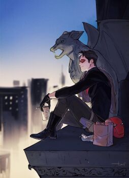 1boy bat_signal batman_(series) batman_symbol black_bodysuit black_gloves black_hair bodysuit brown_jacket dc_comics domino_mask eye_mask gloves grey_bodysuit holding jacket jason_todd male_focus mask multicolored_bodysuit multicolored_hair muscular muscular_male pants red_hood_(dc) red_hood_and_the_outlaws red_mask short_hair smile solo superhero_costume taut_bodysuit two-tone_bodysuit white_hair wonkrin