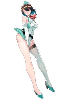 1girl absurdres bare_shoulders digimon digimon_story:_time_stranger elbow_gloves female_focus full_body gerusyu gloves goggles goggles_on_head hat high_heels highres light_blush medium_hair one_eye_closed open_mouth scarf simple_background thighs white_background yuuki_kanan