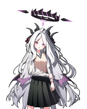 1girl :o absurdres alternate_costume arm_at_side black_halo black_horns black_ribbon black_skirt blue_archive cable_knit collared_shirt cowboy_shot fluffy_hair forehead grey_hair hair_ribbon halo hand_on_own_arm highres hina_(blue_archive) horns long_hair long_sleeves looking_at_viewer low_wings mini_wings multicolored_halo parted_bangs parted_lips pink_eyes pleated_skirt purple_halo purple_wings ribbon shirt simple_background skirt sleeve_cuffs solo standing sweater_vest thfktlfh456 two-tone_halo very_long_hair white_background white_shirt wings yellow_sweater_vest