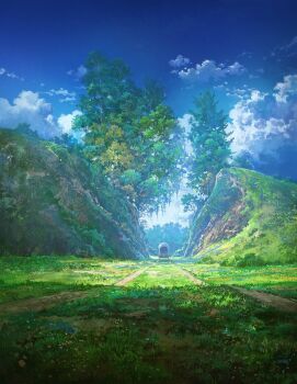 blue_sky cloud cloudy_sky commentary covered_wagon cyclecircle day english_commentary grass highres hill no_humans original outdoors scenery skid_mark sky tree vanishing_point