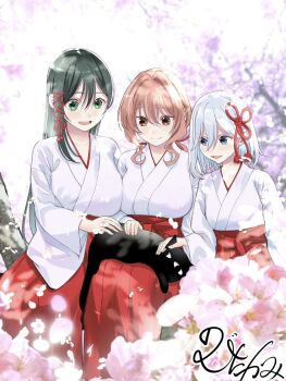 3girls amagami-san_chi_no_enmusubi amagami_asahi amagami_yae amagami_yuna animal animal_on_lap black_cat black_hair blue_eyes cat cat_on_lap closed_mouth commentary_request flower green_eyes hair_ornament hakama hakama_skirt highres japanese_clothes kosode long_hair miko multiple_girls nobi_takami on_lap open_mouth petting pink_flower red_eyes red_hair red_hakama short_hair siblings signature sisters sitting skirt smile