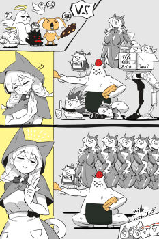 1girl angel_gabriel_(nyanko_daisensou) angel_gonzales_(nyanko_daisensou) angel_wings bandana bird black_bow black_bowtie blush bow bowl bowtie box braid camera cameraman_cat_(nyanko_daisensou) cardboard_box cat_(nyanko_daisensou) cat_jiangshi_(nyanko_daisensou) cat_tail closed_eyes cyborg dog doggy_(nyanko_daisensou) dohato-sebu-re_(nyanko_daisensou) drakeposting_(meme) food frown fruit gorilla halo heavy_machine_c.a.t._(nyanko_daisensou) highres holding holding_bowl holding_camera hood jiangshi jiangshi_costume killer_doggy_(nyanko_daisensou) koala martin_(nyanko_daisensou) mask mecha meme metal_mask minya_(nyanko_daisensou) ninja_cat_(nyanko_daisensou) noodles nyanko_daisensou onigiri onigiri_cat_(nyanko_daisensou) outstretched_arms perfect_cat_(nyanko_daisensou) pigeon pocky ramen ramen_cat_(nyanko_daisensou) robot samurai_cat_(nyanko_daisensou) shamoji smile sushi sushi_cat_(nyanko_daisensou) tail twin_braids vs watermelon watermelon_slice wings yuuichi_(reductionblack) zombie_pose