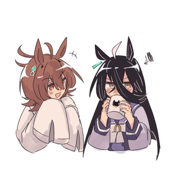 2girls absurdres agnes_tachyon_(umamusume) ahoge animal_ears black_hair blush bow bowtie brown_hair chemical_structure coat coffee_mug cropped_torso cup drinking ear_tag earrings gachitamago hair_between_eyes highres holding holding_cup horse_ears horse_girl jewelry lab_coat long_bangs long_hair long_hair_between_eyes long_sleeves looking_at_another manhattan_cafe_(umamusume) medium_hair mug multicolored_hair multiple_girls open_mouth purple_sailor_collar purple_shirt red_eyes sailor_collar sailor_shirt school_uniform shirt simple_background single_earring sleeves_past_fingers sleeves_past_wrists smile squiggle tracen_school_uniform umamusume very_long_hair white_background white_bow white_bowtie white_coat white_hair yellow_eyes