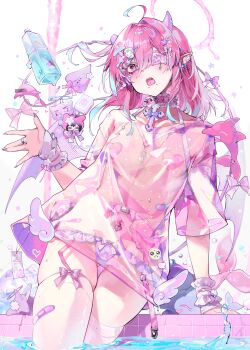 1boy absurdres ahoge aqua_hair arm_support bandaid blush bow choker commentary demon demon_boy demon_tail demon_wings eita_789 eyelashes eyepatch fangs frilled_choker frills hair_between_eyes heart_pasties highres horns looking_at_viewer medium_hair multicolored_hair open_mouth original pasties piercing pink_eyes pink_hair pink_horns pointy_ears pool see-through_clothes see-through_shirt shiny_clothes shiny_skin shirt skindentation snakebite_(piercing) spiked_choker spiked_ear_piercing spikes streaked_hair tail tail_bow tail_ornament thighhighs thighs tongue_piercing trap twitter_username two-tone_hair water water_drop white_thighhighs wings wrist_cuffs yami_kawaii