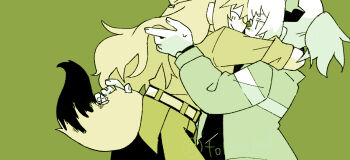 2girls animal_ears arknights closed_eyes commentary_request fox_ears fox_girl fox_tail franka_(arknights) green_background green_theme highres horns hug jacket konno_akikaze limited_palette liskarm_(arknights) long_hair multiple_girls nervous ponytail short_hair short_ponytail simple_background skirt tail twitter_username yuri |_|