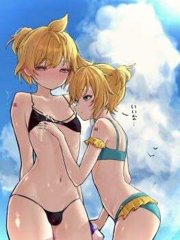 2boys ahoge androgynous arm_strap arm_tattoo ass azulasi bikini black_bikini blonde_hair blue_bikini blue_eyes blue_sky blush bulge cloud cloudy_sky collarbone commentary commentary_request commission cowboy_shot crossdressing crossdressing_(mtf) english_commentary flat_chest frilled_bikini frills full-face_blush hair_between_eyes heart heart_in_eye high_ponytail highres kagamine_len looking_at_viewer lotion male_focus micro_bikini mixed-language_commentary motion_lines multiple_boys multiple_persona number_tattoo outdoors partial_commentary pixiv_commission ponytail short_hair short_ponytail shota sidelocks simple_bird size_difference sky stomach string_bikini suggestive_fluid sunscreen sweatdrop swimsuit symbol_in_eye tattoo thighs translation_request trap trap_on_trap vocaloid yaoi