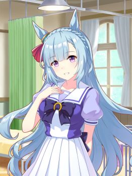 1girl absurdres animal_ears arm_behind_back artist_request back_bow bare_arms bed blue_bow blue_bowtie blue_hair blue_shirt blue_sky blunt_bangs bow bowtie braid breasts brooch ceiling_light collarbone cowboy_shot crown_braid curtains day dot_nose ear_ornament ear_ribbon eyelashes game_cg grin hand_on_own_chest happy high-waist_skirt highres horse_ears horse_girl horse_tail horseshoe_ornament hospital hospital_bed indoors jewelry light_blush long_hair medium_breasts mejiro_ardan_(umamusume) official_art pleated_skirt puffy_short_sleeves puffy_sleeves purple_eyes red_ribbon ribbon sailor_collar school_uniform shirt short_sleeves skirt sky smile solo standing tail tareme towel tracen_school_uniform two-tone_shirt umamusume very_long_hair white_sailor_collar white_shirt white_skirt window