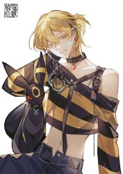 1boy absurdres alien_stage black_choker black_fur black_shirt blonde_hair chinese_commentary choker colored_eyelashes colored_sclera commentary_request crop_top ear_piercing gen_2_pokemon highres luka_(alien_stage) midriff navel nintendo off-shoulder_shirt off_shoulder penzai_fengli piercing pokemon pokemon_(creature) red_sclera shirt short_hair shoulder_belt stomach_tattoo strawberry_necklace striped_clothes striped_shirt tattoo two-tone_shirt umbreon yellow_eyes yellow_shirt