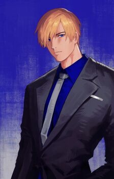 1boy absurdres black_jacket blonde_hair blue_background blue_eyes blue_shirt breast_pocket closed_mouth collared_shirt dress_shirt grey_necktie highres jacket lemooont leon_s._kennedy long_sleeves looking_at_viewer male_focus necktie pocket resident_evil shirt short_hair solo suit_jacket upper_body