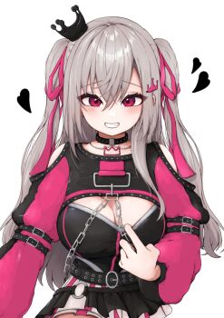 Rule 34 | 1girl, arm belt, belt, black shirt, black shrug, blush, breasts, chain, cleavage, clothing cutout, commentary request, crossed bangs, crown, crown hair ornament, grey hair, hair between eyes, hair ornament, hair ribbon, hashtag-only commentary, heart, highres, hololive, hololive dev is, isaki riona, isaki riona (flowglow uniform), kukkiy-san, large breasts, layered skirt, leotard, leotard under clothes, long hair, looking at viewer, mini crown, official alternate costume, official alternate hairstyle, pink eyes, pulling own clothes, raised inner eyebrows, ribbon, shirt, shoulder cutout, shrug (clothing), simple background, skirt, smile, solo, studded choker, two side up, virtual youtuber, white background