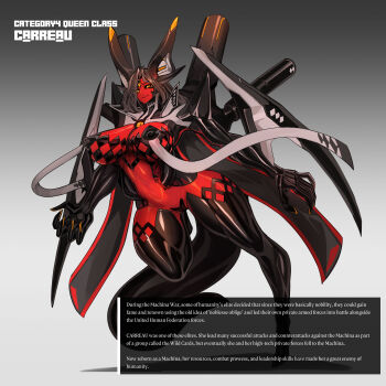 1girl absurdres arms_at_sides black_cape black_sclera black_thighhighs body_modification breast_curtains breasts cape claws cleavage closed_mouth colored_sclera colored_skin corruption covered_erect_nipples covered_pussy cyborg english_text eyes_visible_through_hair full_body glowing_horns gradient_background hair_between_eyes high_heels highres horns large_breasts light_smile long_hair mechanization original outstretched_arms platinum1945 red_skin red_trim robot robot_ears standing standing_on_one_leg tail thighhighs third_eye third_eye_on_chest yellow_eyes