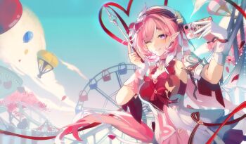 1girl ;) absurdres bare_shoulders beret blue_sky breasts chinese_commentary commentary_request diamond-shaped_pupils diamond_(shape) dress duifangzhengzaishuru32383 elf elysia_(hi_love_elf)_(honkai_impact) elysia_(honkai_impact) gloves hat highres holding holding_phone holding_wand honkai_(series) honkai_impact_3rd large_breasts long_hair multicolored_dress one_eye_closed outdoors phone pink_dress pink_hair pointy_ears purple_eyes red_dress revision selfie sky smile solo symbol-shaped_pupils very_long_hair wand white_dress white_gloves white_hat