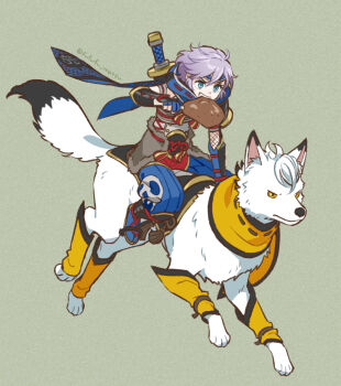 1boy alice_(see_greeeen) animal animalization blue_eyes clothing_request commentary_request eating epel_felmier food funuyu highres jack_howl jack_howl_(wolf) male_focus meat purple_hair riding sheath sheathed short_hair solo sword sword_on_back twisted_wonderland weapon weapon_on_back wolf
