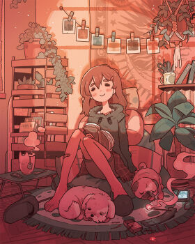 +_+ 1girl animal bandaid bandaid_on_leg banner bare_legs blush_stickers book brown_hair cable carles_dalmau carpet cellphone closed_mouth commentary cup dog english_commentary fire fringe_trim full_body fur_hoodie green_hoodie grey_shorts grey_slippers hair_between_eyes hair_ornament hairclip hanging_plant happy highres holding holding_book hood hood_down hoodie knees_up light_particles long_hair long_sleeves magazine_(object) matchbox matches miniskirt mug open_book orange_theme original phone pillow plaid_clothes plaid_skirt plant potted_plant pug red_skirt schnauzer second-party_source shelf shoe_loss shorts shorts_under_skirt single_bare_foot sitting skirt slippers smartphone smile smoke solo steam string_of_photos tank_top tea teaspoon thick_eyebrows white_tank_top wooden_floor