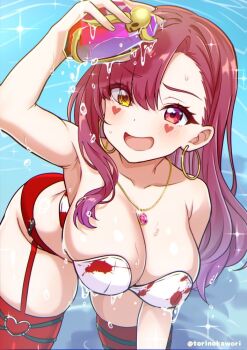 Rule 34 | 1girl, bikini, blush, breasts, earrings, facial mark, hair between eyes, heart, heart facial mark, heterochromia, hololive, hololive grand theft auto, houshou marine, jewelry, long hair, looking at viewer, medium breasts, necklace, o-ring, open mouth, red bikini, red eyes, red hair, red thighhighs, smile, solo, swimsuit, thighhighs, torinokawori, virtual youtuber, wet, white bikini, yellow eyes