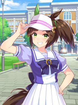 1girl absurdres arch artist_request asymmetrical_bangs back_bow bare_arms bench blue_bow blue_bowtie blue_shirt blue_sky blunt_bangs bow bowtie breasts brooch brown_hair cloud collarbone cowboy_shot day dot_nose ear_covers eyelashes fingernails fountain game_cg green_eyes grin hair_tie hand_on_headwear hand_on_own_hip happy hat hat_ornament high-waist_skirt highres horse_girl horse_tail horseshoe horseshoe_hat_ornament horseshoe_ornament ines_fujin_(umamusume) jewelry lamppost large_breasts light_blush looking_at_viewer official_art outdoors path pleated_skirt puffy_short_sleeves puffy_sleeves road sailor_collar school school_uniform shade shirt short_hair short_sleeves side_ponytail single_ear_cover skirt sky smile solo statue tail tracen_academy tracen_school_uniform tree two-tone_shirt umamusume visor_cap white_hat white_sailor_collar white_shirt white_skirt window