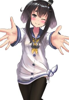Rule 34 | 1girl, anchor ornament, black hair, blush, buttons, grey eyes, hair ornament, highres, kantai collection, long sleeves, looking at viewer, medium hair, one eye closed, outstretched arms, sailor collar, shirt, simple background, skirt, smile, thick eyebrows, thighhighs, tied shirt, tokitsukaze (kancolle), twintails, zettai ryouiki