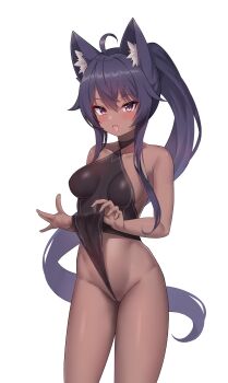 1girl :d absurdres ahoge animal_ear_fluff animal_ears arm_behind_back arm_up bare_arms bare_shoulders black_hair black_leotard borrowed_character breasts brown_kemomimi-chan_(krr) commission covered_navel dark-skinned_female dark_skin groin hair_between_eyes highleg highleg_leotard highres kumarang leotard leotard_pull long_hair looking_at_viewer medium_breasts open_mouth original ponytail purple_eyes simple_background smile solo standing thighs transparent_background very_long_hair wolf_ears