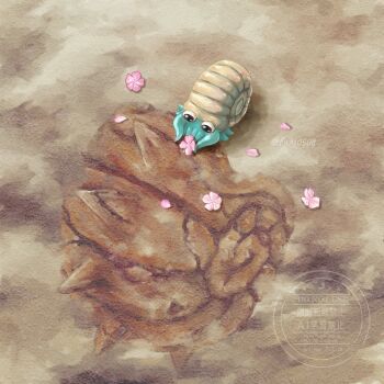 1other absurdres black_eyes flower fossil fuju1012 gen_1_pokemon highres holding holding_flower mother_and_child nintendo no_humans omanyte outdoors petals pink_flower pink_petals pokemon pokemon_(creature) pokemon_focus shell tentacles twitter_username
