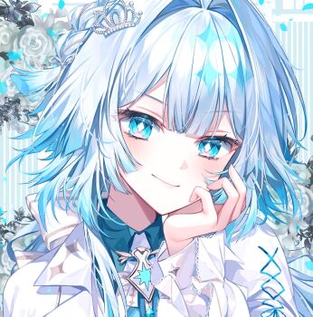 Rule 34 | 1girl, alternate costume, arm support, blue eyes, blue hair, bright pupils, cerydra (honkai: star rail), closed mouth, commentary, diamond-shaped pupils, diamond (shape), grey hair, hair ornament, hair ribbon, honkai: star rail, honkai (series), long hair, long sleeves, looking at viewer, multicolored hair, ribbon, smile, solo, symbol-only commentary, symbol-shaped pupils, taya oco, upper body, white pupils