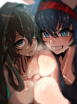 1boy 2girls absurdres ankodaihuku arknights blaze_(arknights) blue_eyes blue_hair breasts censored commentary_request cum cum_on_body dark-skinned_female dark_skin double_paizuri facial flint_(arknights) green_eyes green_hair grin hairband hetero highres hood hood_up large_breasts licking_lips looking_at_viewer mosaic_censoring multicolored_hair multiple_girls neck_tattoo paizuri penis pov red_hairband smile streaked_hair tattoo tongue tongue_out
