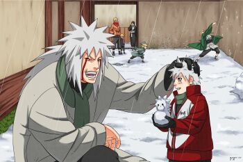 Rule 34 | 2girls, blonde hair, commentary request, father and son, gonggae 1111, highres, jiraiya (naruto), korean commentary, mother and son, multiple boys, multiple girls, naruto (series), shizune (naruto), smile, snow, snowball, teacher and student, tsunade (naruto), uzumaki boruto, uzumaki naruto, white hair, winter clothes