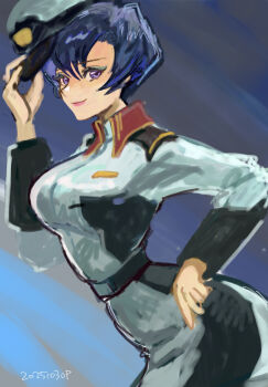 1girl black_hair gundam gundam_seed hat hat_tip highres lipstick makeup military military_uniform natarle_badgiruel okrdisk2000 peaked_cap purple_eyes short_hair simple_background solo unfinished