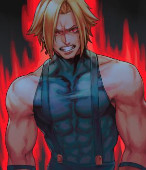 Rule 34 | 1boy, adelheid bernstein, angry, aura, bare shoulders, black background, black tank top, blonde hair, clenched teeth, commentary, covered abs, covered collarbone, english commentary, eye trail, highres, ktovhinao, light trail, looking at viewer, male focus, muscular, muscular male, pectorals, red eyes, short hair, simple background, skin tight, solo, suspenders, tank top, teeth, the king of fighters, upper body