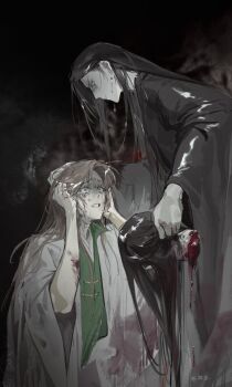 2boys artist_name bindi black_background black_hair black_hanfu blood blood_on_arm blood_on_clothes brown_eyes brown_hair chinese_clothes clenched_teeth closed_mouth crying crying_with_eyes_open decapitation earrings facial_mark floating_earrings forehead_mark furrowed_brow grabbing_another's_hair green_eyes guro hands_on_own_face hanfu he_xuan highres holding_another's_hair jewelry long_hair long_sleeves looking_at_another multiple_boys qingyun shaded_face shi_qingxuan shi_wudu spoilers tears teeth tianguan_cifu upper_body white_hanfu wide_sleeves