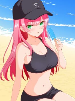 Rule 34 | 1girl, absurdres, adapted costume, aikawa megumi, aikawa megumi (casual), arm at side, armpit crease, baseball cap, beach, black hat, black shorts, black sports bra, blush, breasts, cleavage, collarbone, colored eyelashes, cowboy shot, day, eyelashes, eyes visible through hair, food, green eyes, hair between eyes, hair down, hand up, hat, heaven burns red, highres, holding, holding food, holding popsicle, large breasts, long hair, looking at viewer, luck hebuban, melting popsicle, navel, ocean, official alternate hairstyle, outdoors, parted lips, pink hair, popsicle, shorts, sidelocks, sitting, solo, sports bra, stomach, straight hair, sweat, very long hair
