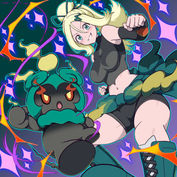 Rule 34 | 1girl, bike shorts, blonde hair, boots, breasts, commentary request, gen 7 pokemon, green eyes, green outline, highres, hitofudegaki usagi, korrina (pokemon), korrina (sygna suit) (pokemon), legendary pokemon, looking at viewer, marshadow, midriff, mythical pokemon, navel, nintendo, official alternate costume, outline, pokemon, pokemon (creature), pokemon masters ex, ponytail, sparkle