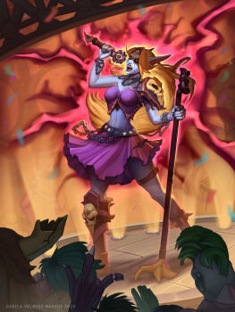 1girl absurdres armor belly blonde_hair blue_skin chain colored_skin corset crowd elf fantasy hearthstone highres holding long_hair magic music navel open_mouth pointy_ears red_eyes shoulder_armor singing skirt skull solo_focus stage sylvanas_windrunner thigh_strap undead velmiko warcraft world_of_warcraft