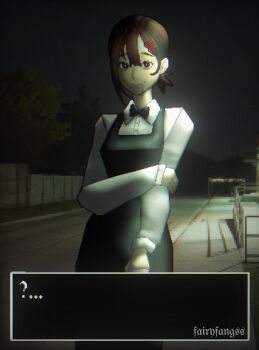 ... 1girl ? apron artist_name black_apron black_bow black_bowtie black_eyes bow bowtie brown_hair chainsaw_man collared_shirt commentary dialogue_box english_commentary fairyfangss hair_ornament hairclip higashiyama_kobeni highres mole mole_on_cheek mole_under_eye mole_under_mouth night ponytail shirt short_ponytail single_sidelock solo sweat user_interface video_game white_shirt