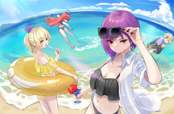 4girls adjusting_eyewear ahoge antenna_hair arm_up asami_makiko_(heaven_burns_red) ball bare_shoulders barefoot beach bikini black_bikini black_jacket blonde_hair blue_bikini blue_sky breasts cleavage closed_mouth cloud cocktail cocktail_glass collarbone collared_shirt cup day drinking_glass earrings eating eyewear_on_head flower food food_in_mouth frilled_bikini frills green_eyes hair_between_eyes hair_over_one_eye hair_ribbon halterneck hand_on_eyewear hand_up heaven_burns_red hibiscus highres holding holding_ball holding_cup holding_food holding_ice_cream holding_popsicle holding_removed_eyewear holding_swim_ring horizon ice_cream innertube jacket jewelry jumping kayamori_ruka large_breasts long_hair looking_at_viewer medium_breasts midair multiple_girls nanase_nanami_(heaven_burns_red) navel null1000_4869 ocean off-shoulder_bikini off_shoulder open_clothes open_jacket open_mouth open_shirt orange_hair outdoors ponytail popsicle popsicle_in_mouth purple_hair purple_ribbon red_eyes red_flower red_hair ribbon running shirt short_hair short_sleeves sidelocks sky sleeves_rolled_up smile splashing standing stomach summer sunglasses surfing swim_ring swimsuit tezuka_saki unworn_eyewear v-shaped_eyebrows very_long_hair water white_shirt wristband yellow_bikini