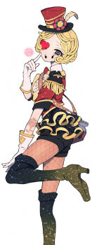 1girl :o absurdres arm_tattoo black_shorts blonde_hair blue_eyes boots eyepatch fishnets glitter glitter_legwear gloves gold_trim hat hat_feather heart heart_eyepatch high_heels highres identity_v jacket looking_at_viewer makeup margaretha_zelle margaretha_zelle_(animal_tamer) mini_hat mini_top_hat red_jacket runny_makeup short_hair shorts tattoo thigh_boots top_hat tsuntenponten white_gloves