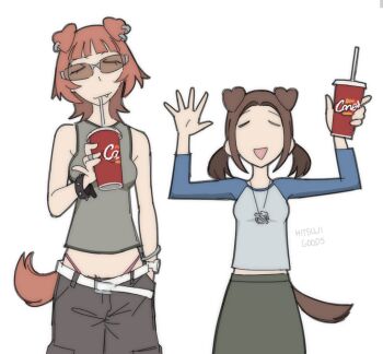 Rule 34 | 2girls, animal ear piercing, animal ears, artist name, belt, bracelet, breasts, brown hair, closed eyes, cup, disposable cup, dog ears, dog girl, dog tail, drinking, drinking straw, fang, grey tank top, hand in pocket, highleg, highleg panties, hitsuji (hitsujigoods), holding, holding cup, jewelry, lowleg, lowleg pants, mitsu (hitsujigoods), multiple girls, necklace, original, panties, pants, pendant, pink panties, pinky out, pubic hair, pubic hair peek, raglan sleeves, ring, signature, small breasts, sunglasses, tail, tank top, twintails, underwear, vivi (hitsujigoods), watch, white belt, wristwatch