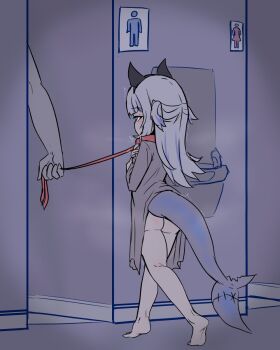 1boy 1girl animal_collar animal_ears aqua_eyes ass barefoot bdsm blush cat_ears coat collar fake_animal_ears fins fish_tail from_behind full_body gawr_gura heart heart-shaped_pupils highres holding holding_leash hololive hololive_english leash leash_pull loli long_hair male_hand moral_cacoethes naked_coat no_legwear no_panties public_restroom restroom_symbol shark_tail slave stitches symbol-shaped_pupils tail restroom_symbol two_side_up virtual_youtuber walking