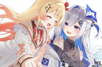 2girls :d ^_^ ahoge amane_kanata amane_kanata_(work) beamed_eighth_notes black_bow black_dress blonde_hair blue_hair bow brown_dress brown_sailor_collar closed_eyes colored_inner_hair double-parted_bangs dress eighth_note feathered_wings fortissimo frilled_dress frilled_jacket frills gradient_hair gradient_wings grey_hair hair_bow hair_ornament hair_over_one_eye hairclip halo hashtag-only_commentary highres hololive hololive_dev_is jacket jewelry long_hair looking_at_another mini_wings multicolored_hair multicolored_wings multiple_girls musical_note musical_note_hair_ornament neck_ribbon necklace official_alternate_costume official_alternate_hairstyle one_side_up open_mouth orange_hair otonose_kanade otonose_kanade_(1st_costume) pink_hair plaid_clothes plaid_dress pointing pointing_at_viewer red_ribbon ribbon sailor_collar shirt sidelocks simple_background single_hair_intake smile star_(symbol) star_halo star_necklace uekana9 virtual_youtuber white_background white_jacket white_shirt white_wings wings