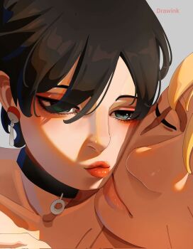 1boy 1girl alternate_eye_color artist_name bare_shoulders black_choker black_hair blonde_hair blue_eyes boruto:_two_blue_vortex cheek-to-cheek choker closed_eyes collarbone commentary corrupted_twitter_file drawink earrings eyes_visible_through_hair heads_together hetero highres imminent_kiss jewelry naruto_(series) puckered_lips scar scar_across_eye scar_on_face uchiha_sarada uchiha_symbol uzumaki_boruto