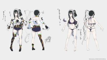 :3 animal_print ass asuka_(senran_kagura) asymmetrical_legwear bikini black_bikini black_boots black_eyes black_hair blush boots breasts cat_print chibi chibi_inset cleavage closed_mouth clothes_on_and_off concept_art contrapposto copyright_name cross-laced_clothes cross-laced_legwear denim denim_skirt flower from_behind front-tie_bikini_top front-tie_top fubuki_(senran_kagura) full_body gluteal_fold green_trim grey_background hair_between_eyes hair_flower hair_ornament high_heels highres lace lace-trimmed_bikini lace_trim large_breasts layered_bikini lily_(flower) long_hair looking_at_viewer maid_headdress marvelous median_furrow multiple_views notes official_alternate_costume official_alternate_hairstyle official_art pale_skin ponytail production_art rainbow rainbow_print red_trim reference_sheet revealing_clothes senran_kagura senran_kagura_new_link shirt shoulder_blades simple_background single_thigh_boot single_thighhigh skirt standing swimsuit thigh_boots thighhighs thong_bikini tied_shirt translation_request turnaround variations very_long_hair white_flower white_lily white_thighhighs yaegashi_nan yellow_trim