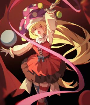 1girl alternate_costume american_flag_legwear arm_up blonde_hair breasts clownpiece commentary_request cross-laced_clothes dress hat highres jester_cap long_hair long_sleeves neck_ruff nymphus open_mouth polka_dot_headwear purple_hat red_dress red_eyes solo touhou very_long_hair