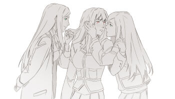 3girls blue_eyes coat commentary_request dual_persona fujino_shizuru fuuka_academy_school_uniform greyscale guri_gom hand_in_another&#039;s_hair hand_on_another&#039;s_face hand_on_another&#039;s_shoulder imminent_kiss korean_commentary kuga_natsuki long_hair long_sleeves monochrome multiple_girls my-hime my-otome natsuki_kruger parted_lips pink_eyes school_uniform spot_color yuri