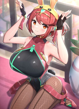 1girl absurdres bare_shoulders black_one-piece_swimsuit breasts bunny_hood_(zelda) chest_jewel fingerless_gloves fishnet_pantyhose fishnets gloves gonzarez highres large_breasts one-piece_swimsuit pantyhose pantyhose_under_swimsuit pyra_(pro_swimmer)_(xenoblade) pyra_(xenoblade) red_eyes red_hair solo swimsuit tiara xenoblade_chronicles_(series) xenoblade_chronicles_2