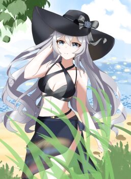 1girl ball beachball bikini black_bikini black_hat blue_sky breasts bronya_zaychik bronya_zaychik_(silverwing:_n-ex) bronya_zaychik_(summer_2022) chinese_commentary cleavage commentary_request grey_eyes grey_hair hat highres honkai_(series) honkai_impact_3rd large_breasts long_hair looking_at_viewer midriff navel ocean official_alternate_costume outdoors sarong see-through_clothes see-through_sarong sky smile solo swimsuit very_long_hair zerosama_(sailuojiang)
