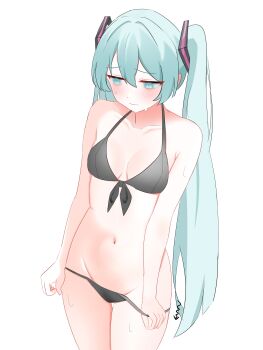 1girl absurdres aqua_eyes aqua_hair arms_at_sides averting_eyes bare_arms bare_shoulders bikini bikini_bottom_pull bikini_pull black_bikini blush breasts cleavage closed_mouth clothes_pull collarbone commentary_request cowboy_shot facing_viewer front-tie_bikini_top front-tie_top groin hair_between_eyes hair_ornament halterneck hatsune_miku highres long_hair navel pulling_own_clothes revision sidelocks simple_background small_breasts solo standing stomach string_bikini sweat swimsuit thigh_gap thighs twintails very_long_hair vocaloid white_background y_vdo